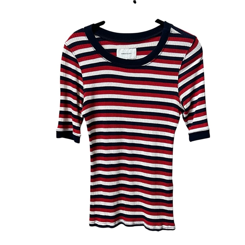 Current/Elliott Red White Navy Striped Short Sleeve Tee Preppy Fitted Size Small